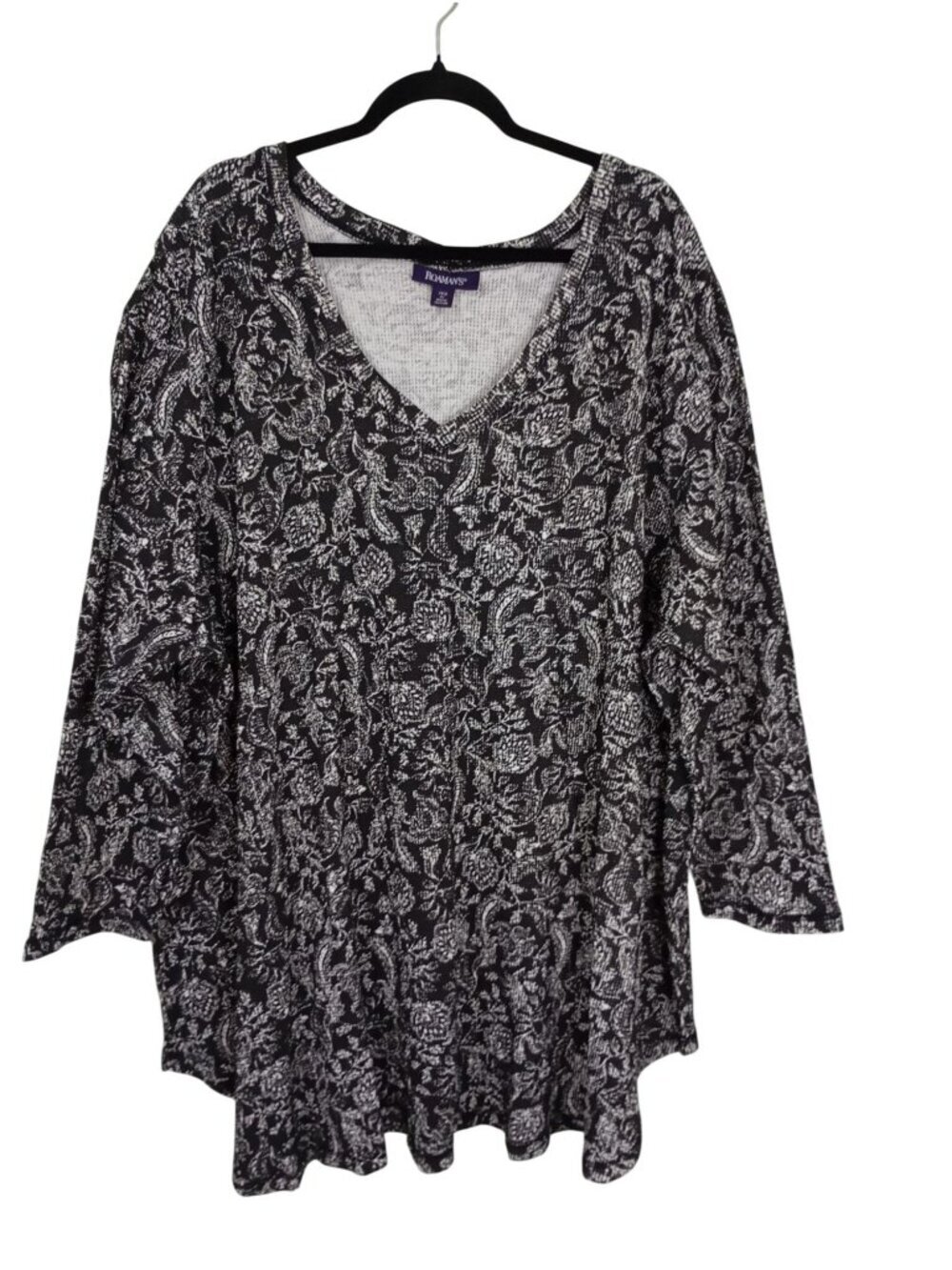 Roamans Thermal Tunic Black & White Paisley 4X 34/36 Plus Size V-Neck Womens